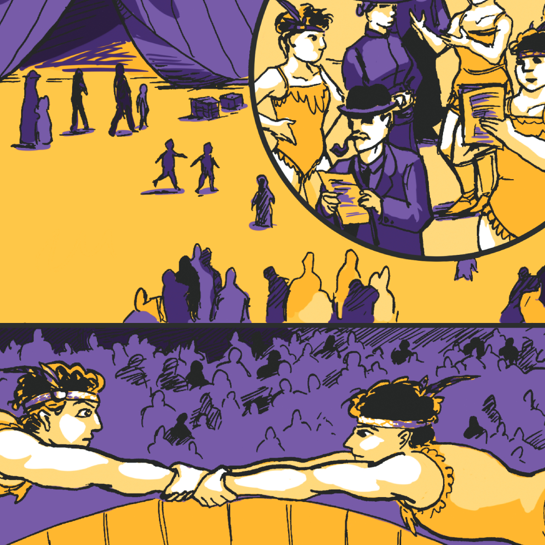 a section of a comics page, with yellow and purple coloring as it palette. Top section: women gather around a circus tent, handing out pamphlets. They are from the early 20th century. Below: Two women trapeze artists catch one another in front of a crowd.