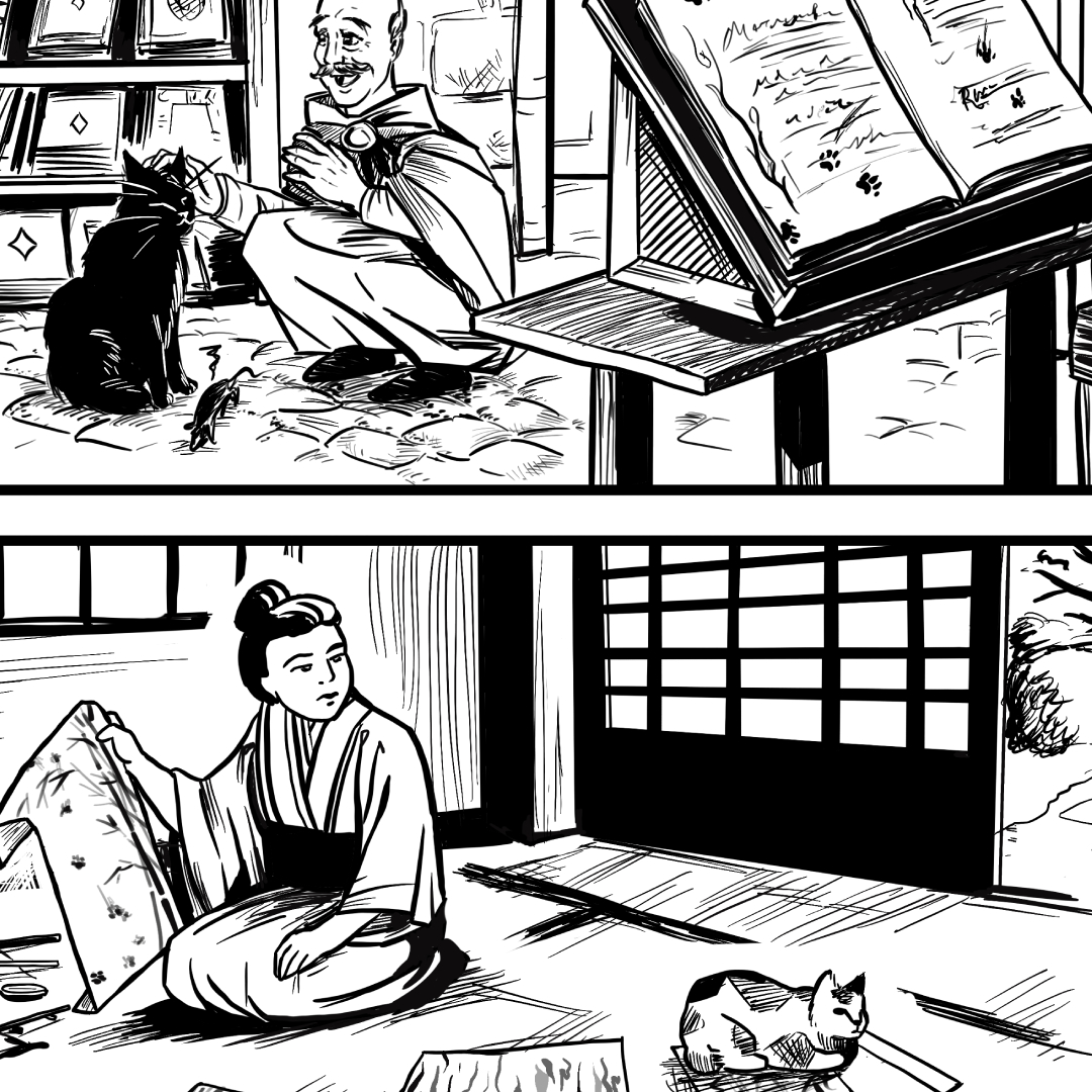 Black and white comic section. Top panel: a medieval scribe pets his cat, who has killed a rodent. In the foreground, we see the cat has walked all over his latest work, leaving pawprints. Second panel: A Japanese woman sits in seiza, holding up a piece of calligraphy with pawprints on it. She looks at her callico cat, sitting next to her calligraphy tools in a loaf, with annoyance.